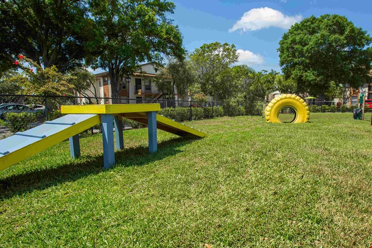 Unleash the fun at our on-site dog park, complete with engaging obstacle course equipment for your furry friends!