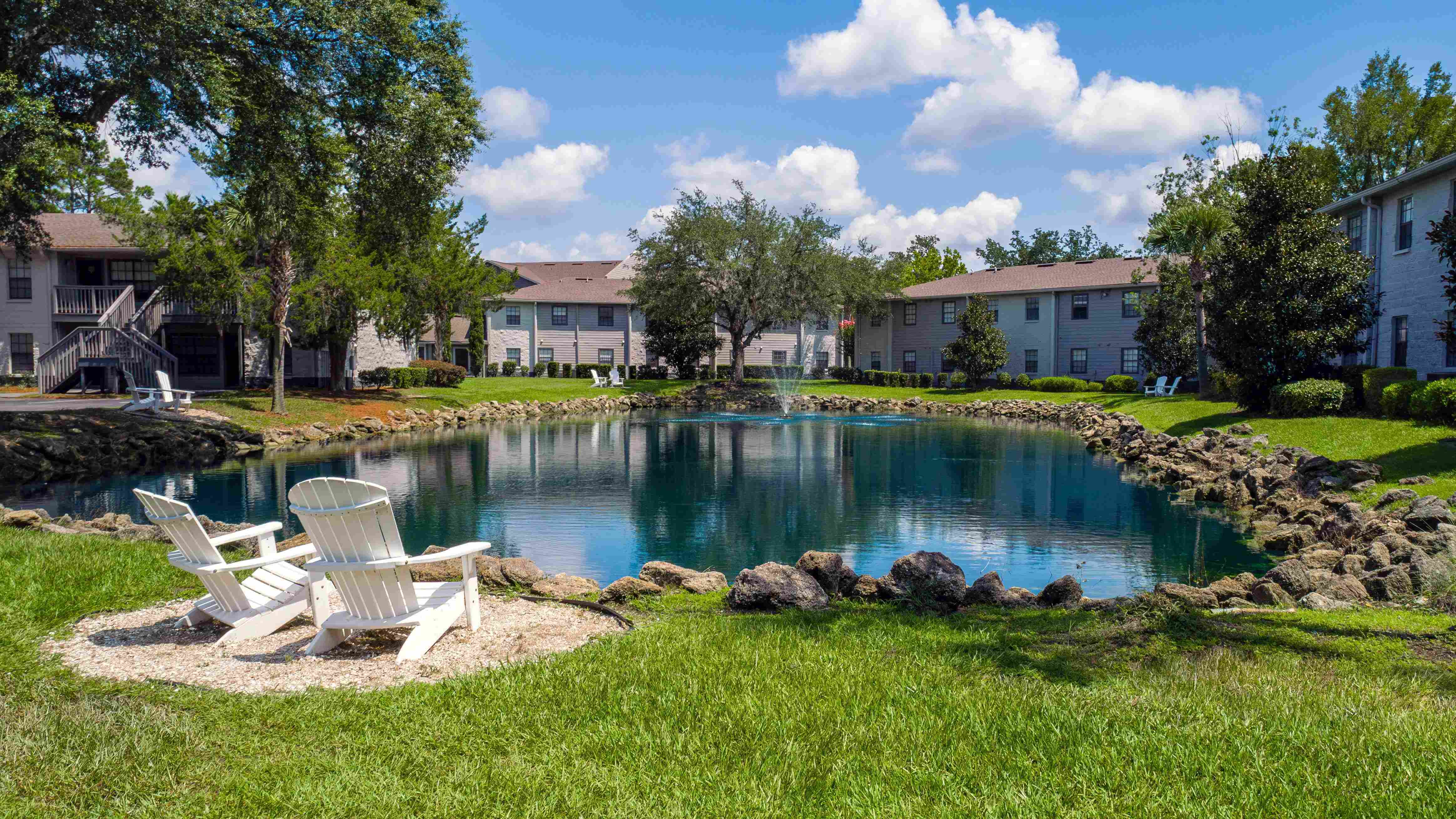 Relish serene seating areas by the pond. 