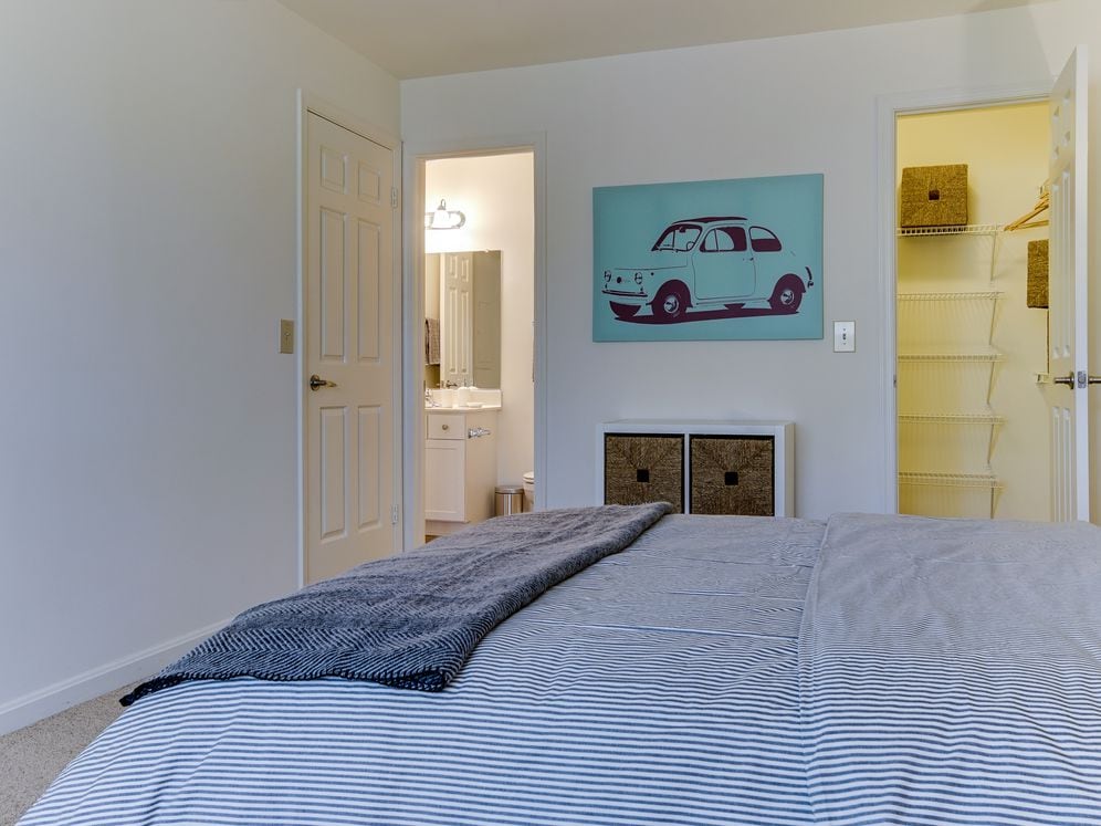 Carpeted bedroom with bath and walk-in closet