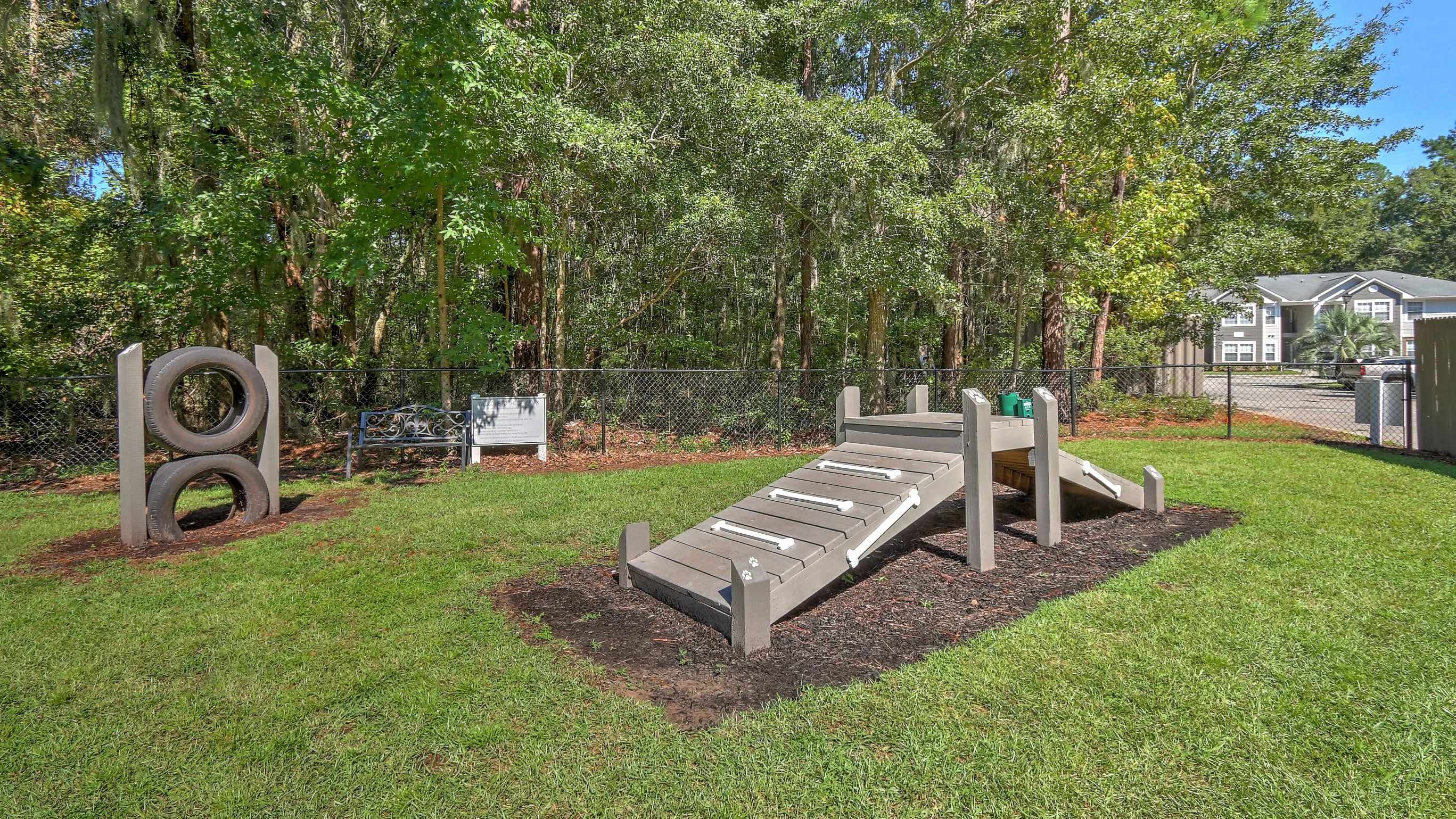 Unleash the excitement in our off-leash dog park with agility equipment, perfect for your four-legged adventurer.