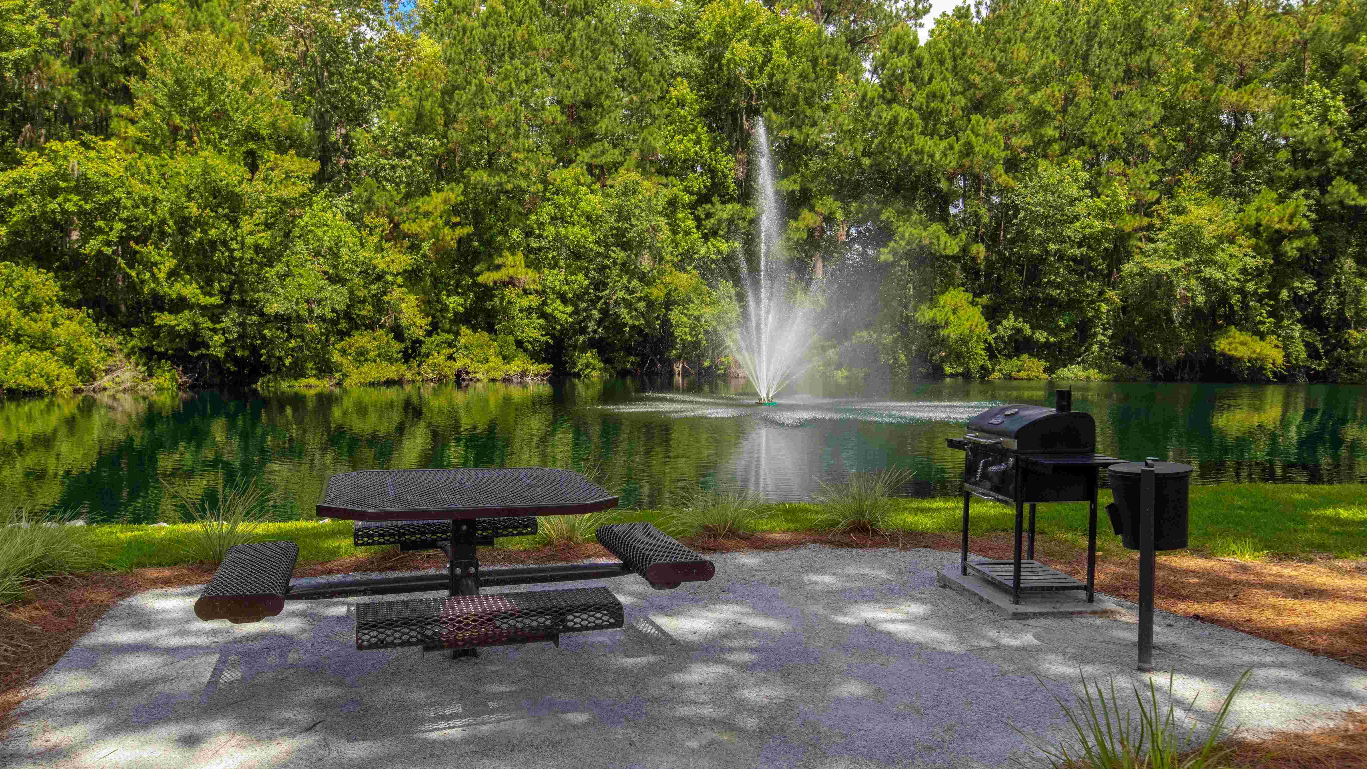 Our inviting picnic table and charcoal grill beside the lake create the perfect setting for outdoor gatherings.