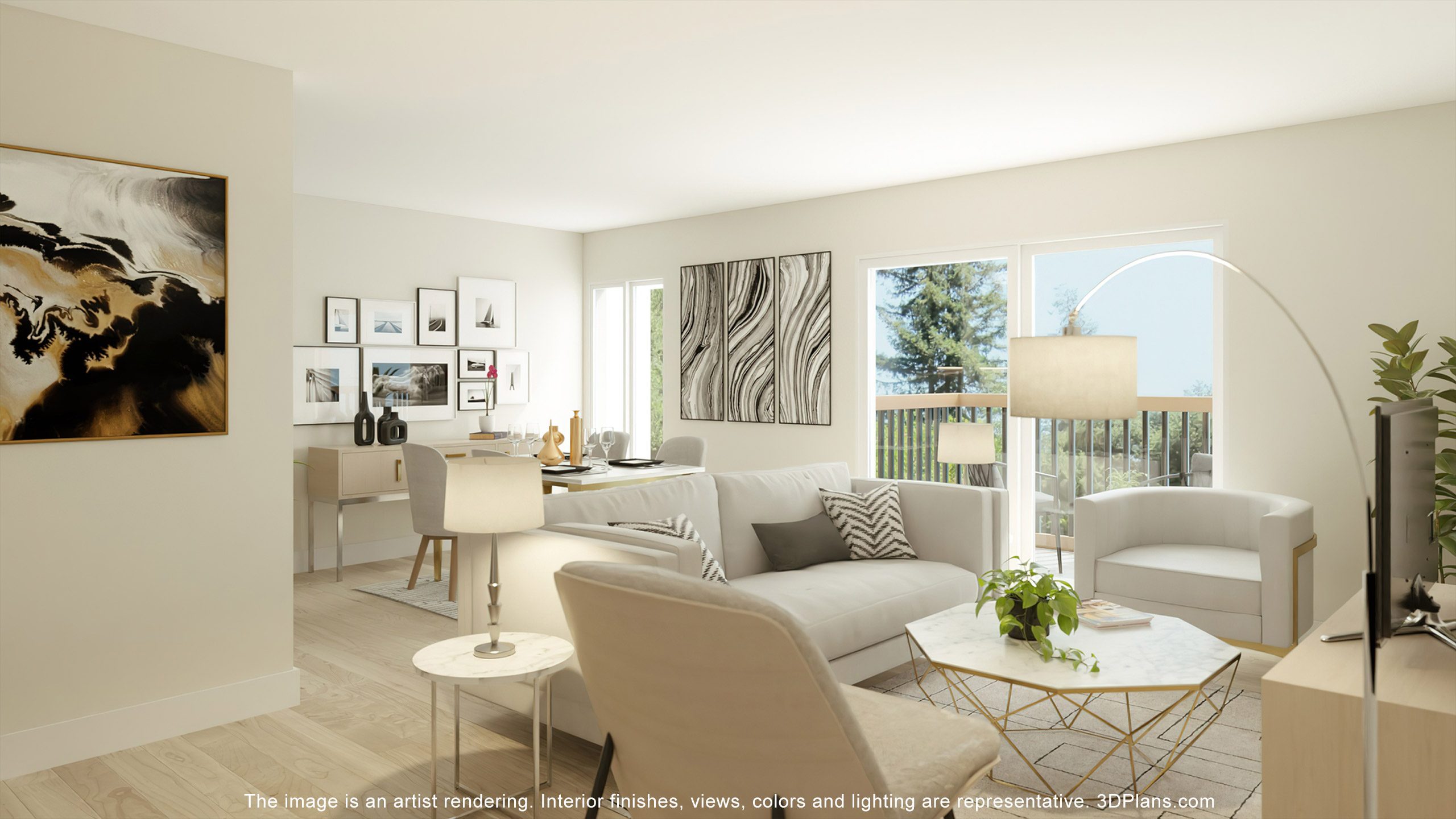 Upgraded living room with balcony at Franklin River Apartments in Southfield