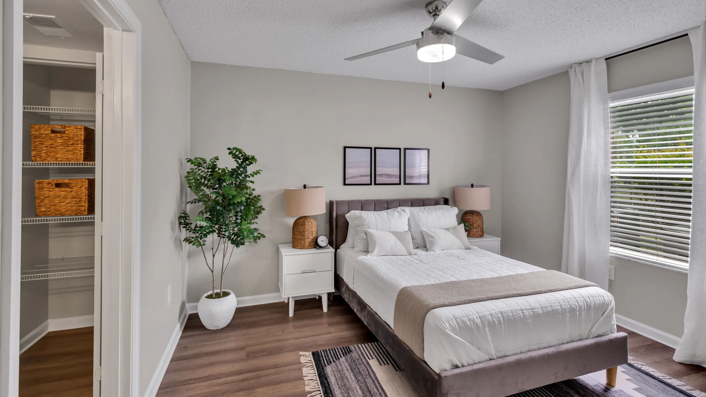 Enjoy an expansive master bedroom with ample square footage, large windows, and an extra linen closet. 