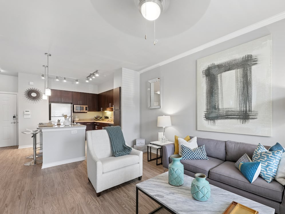 Kitchen and living room with hard surface flooring