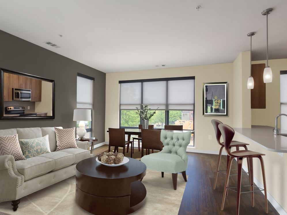 Upgraded living and dining area with hard surface flooring