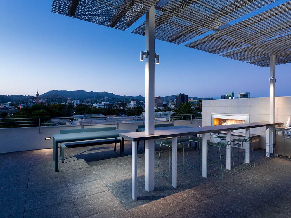Roofdeck with outdoor fireplace, barbeque grills, flatscreen television and seating