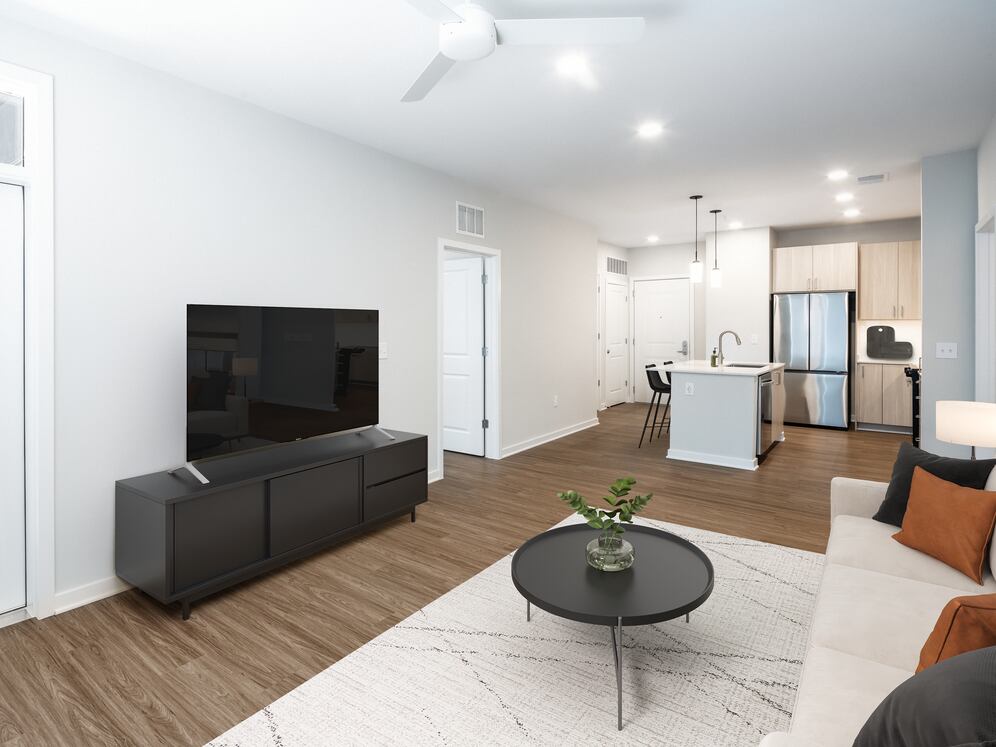 Design Collection II kitchen and living room with hard surface flooring