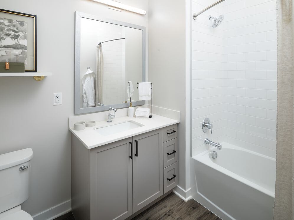 Bathroom with grey cabinetry and white quartz countertops