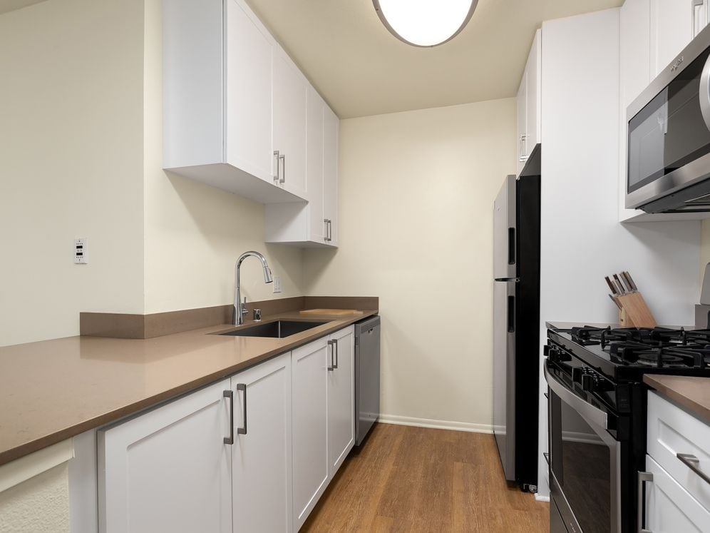 Renovated I kitchen with quartz countertops, stainless steel appliances, and hard surface flooring