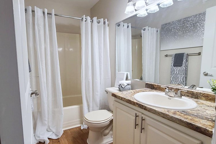 Our classic bathrooms feature wood-style flooring, granite-style countertops, and a large mirror.