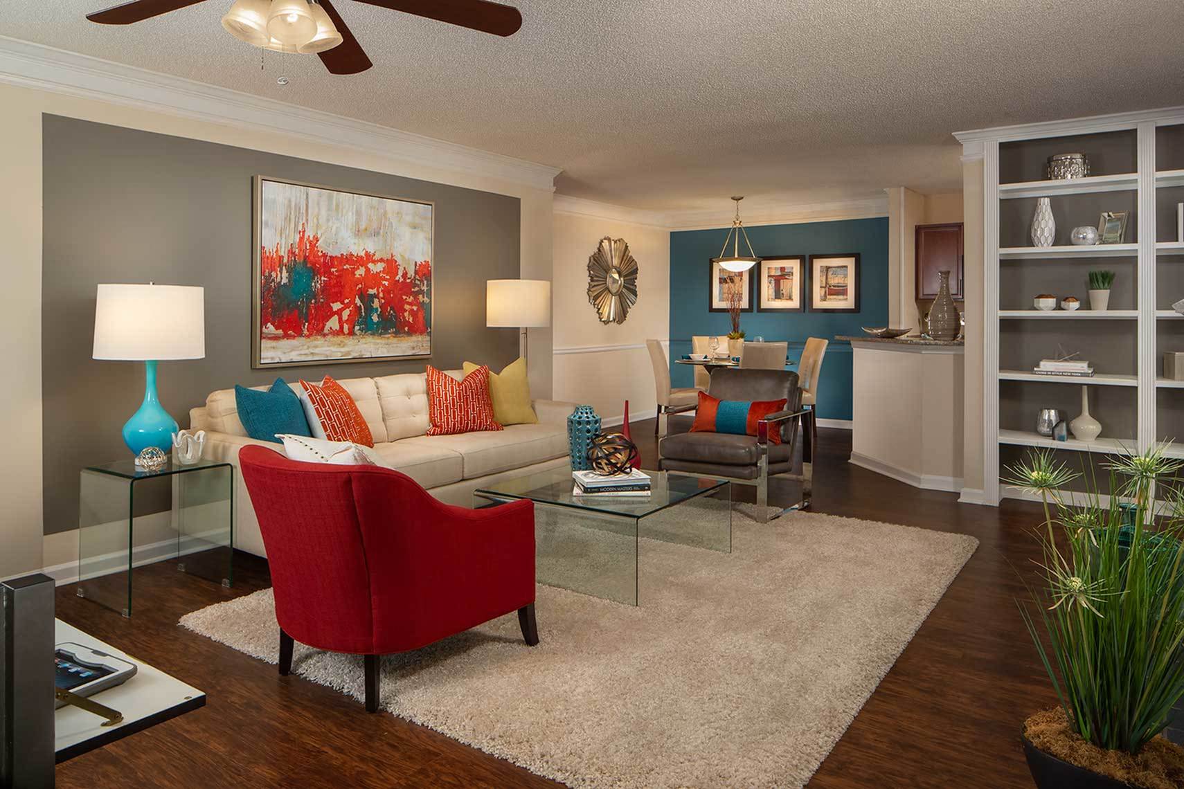 Built-in Bookshelves in a large living room with an open concept