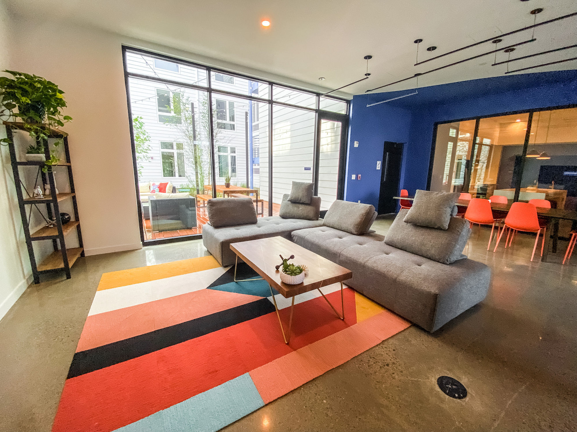 Community lounge on 1st floor overlooking the zen garden