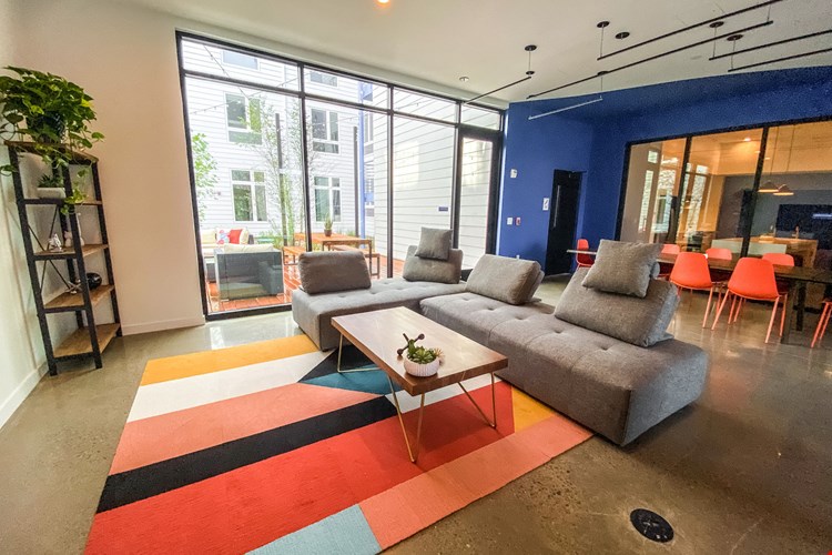 Community lounge on 1st floor overlooking the zen garden