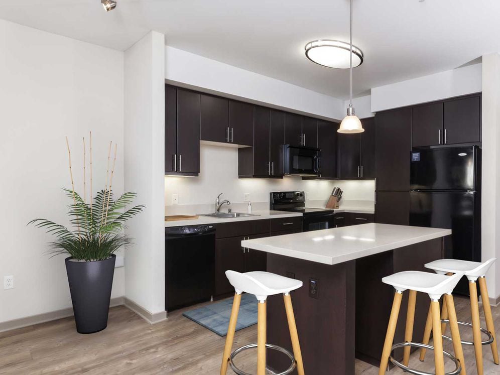 Classic Collection kitchen with black appliances, beige quartz countertops, espresso cabinetry, and hard surface flooring (select homes)