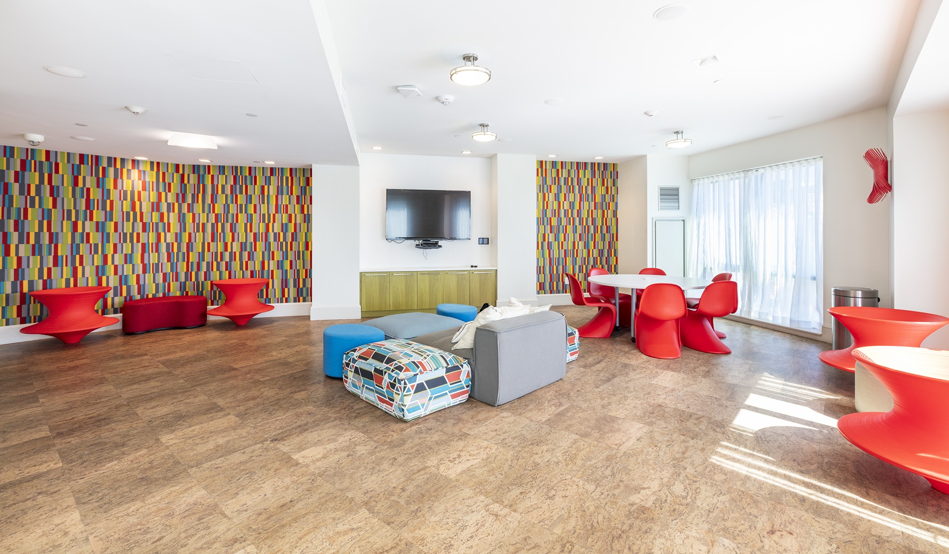 Enjoy views of the Greenway while hanging out in the Greenway Lounge