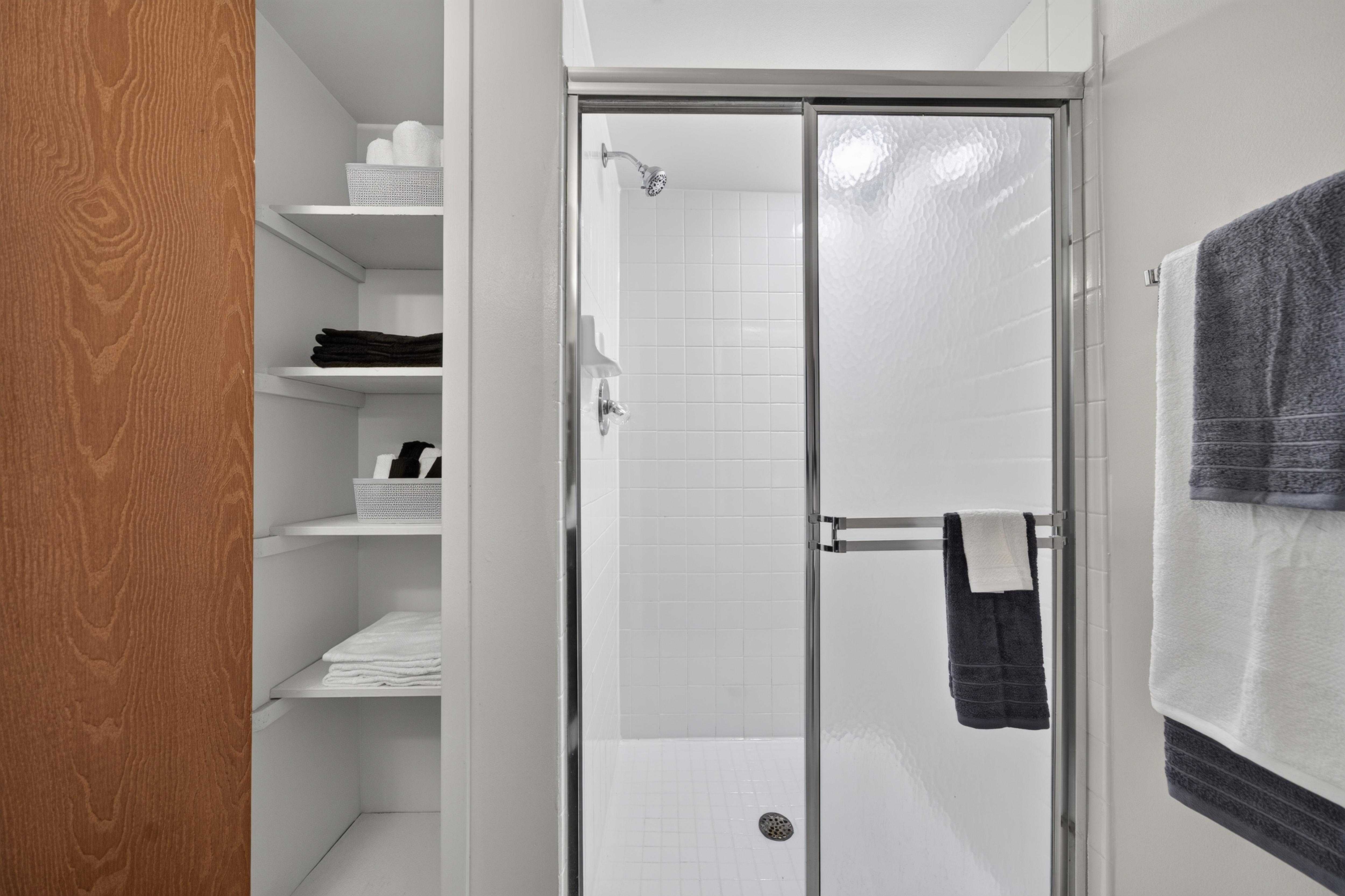 Walk-in shower at Franklin River Apartments in Southfield, MI.