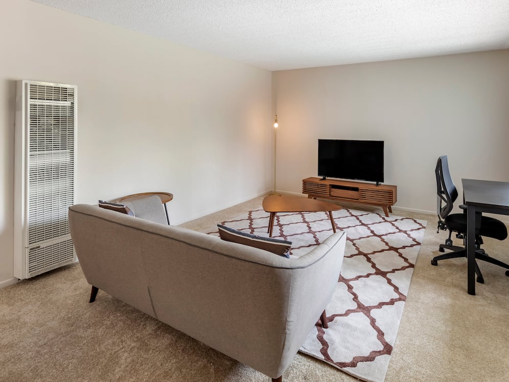 Furnished+ apartment homes come outfitted with a sofa, side chair, side table, coffee table, TV stand and 50" Television (Representative Image – exact items and style of furnishings may vary)