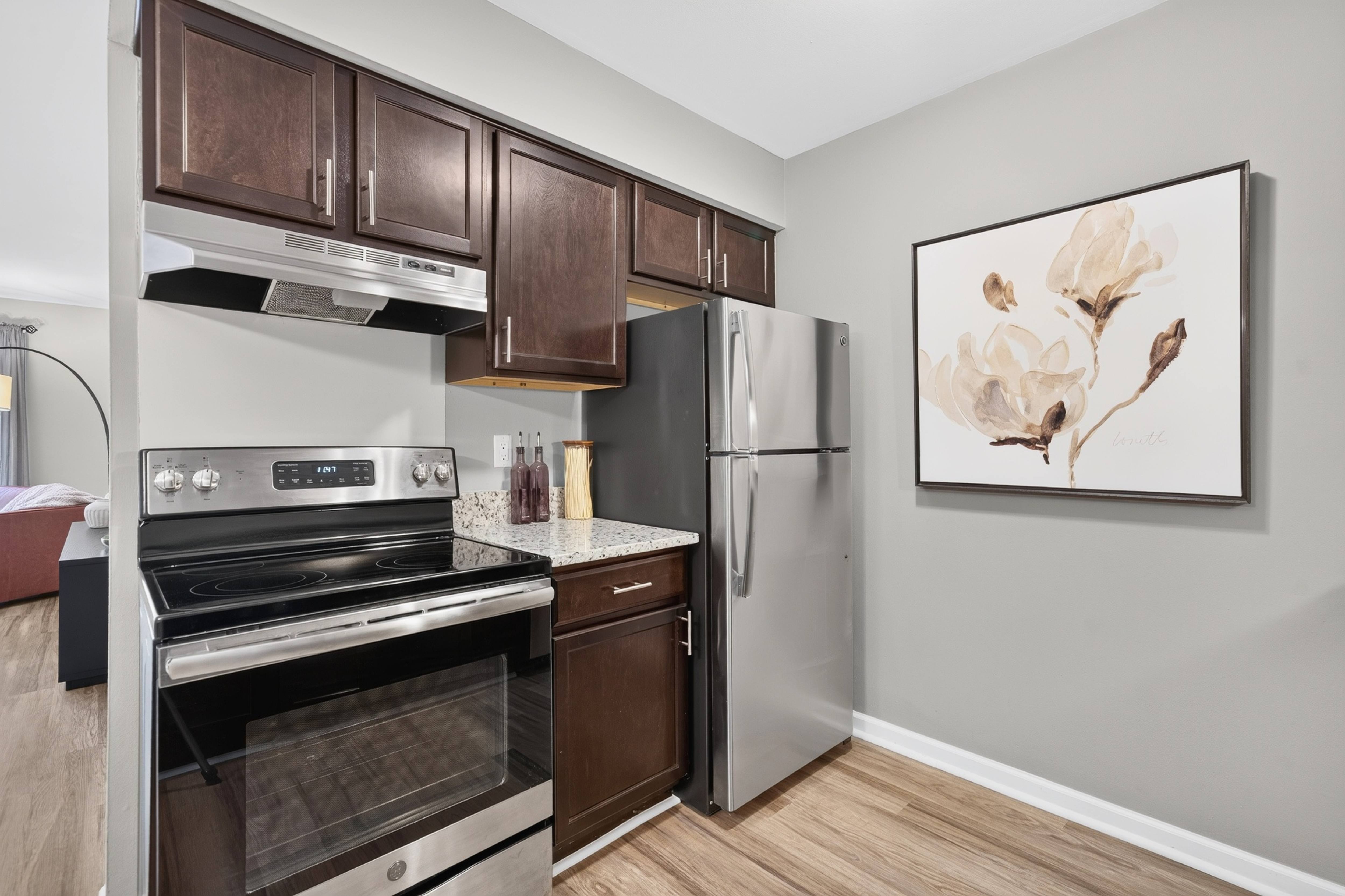 Spacious Kitchen  with stainless steel appliances and dark cabinets at Lakeside Village Apartments Clinton Township, MI
