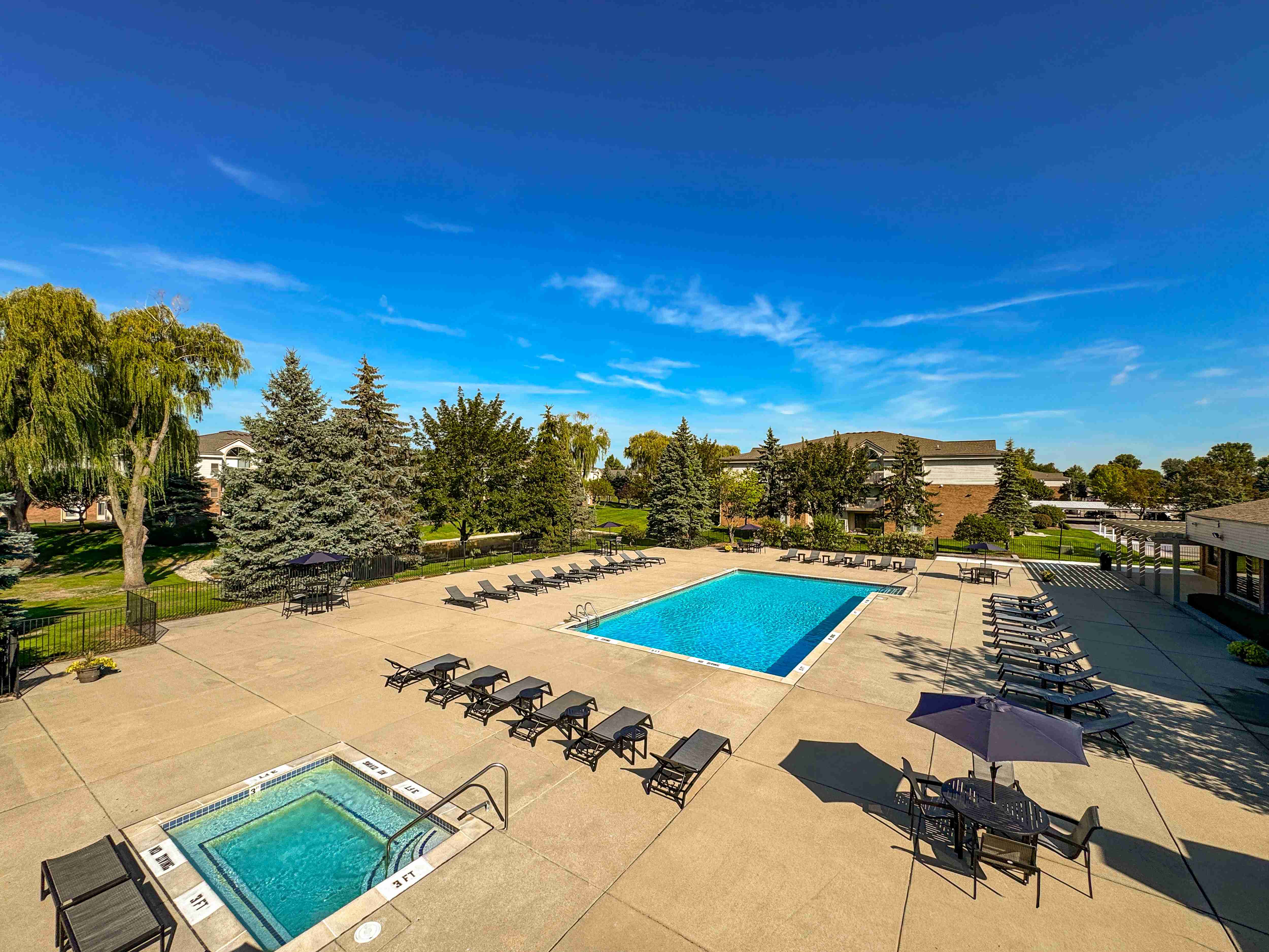 Heated pool and sauna at Prentiss Pointe Apartments in Harrison Township, MI