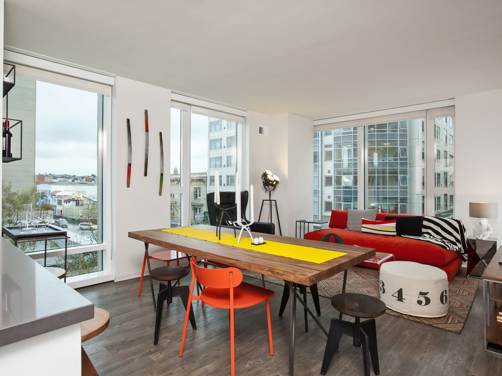 Dining and living area with hard surface flooring