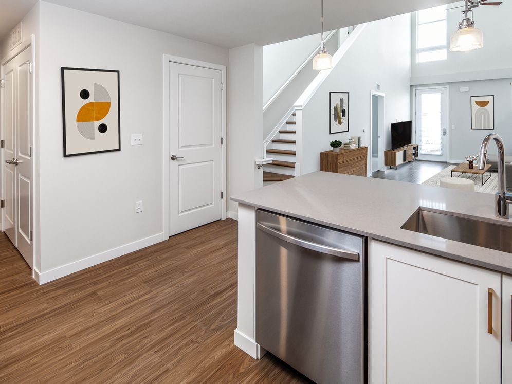 Finish Scheme 1 kitchen, living room, and dining area