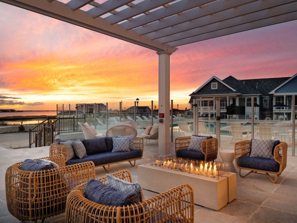 Courtyard with lounge seating and fireplace