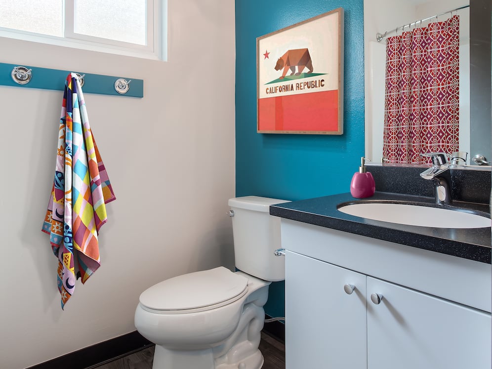 Classic Package III bath with black quartz countertops, white cabinetry, and hard surface flooring