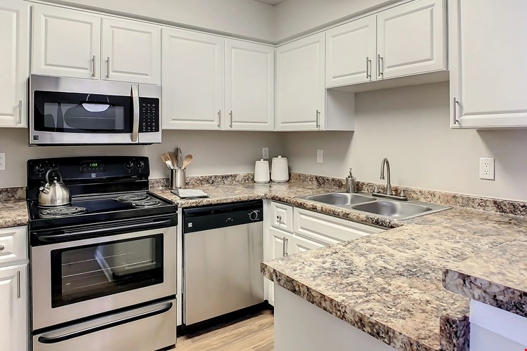 Immerse yourself in your dream kitchen with modern white cabinetry, granite-inspired countertops, and sleek stainless-steel appliances.