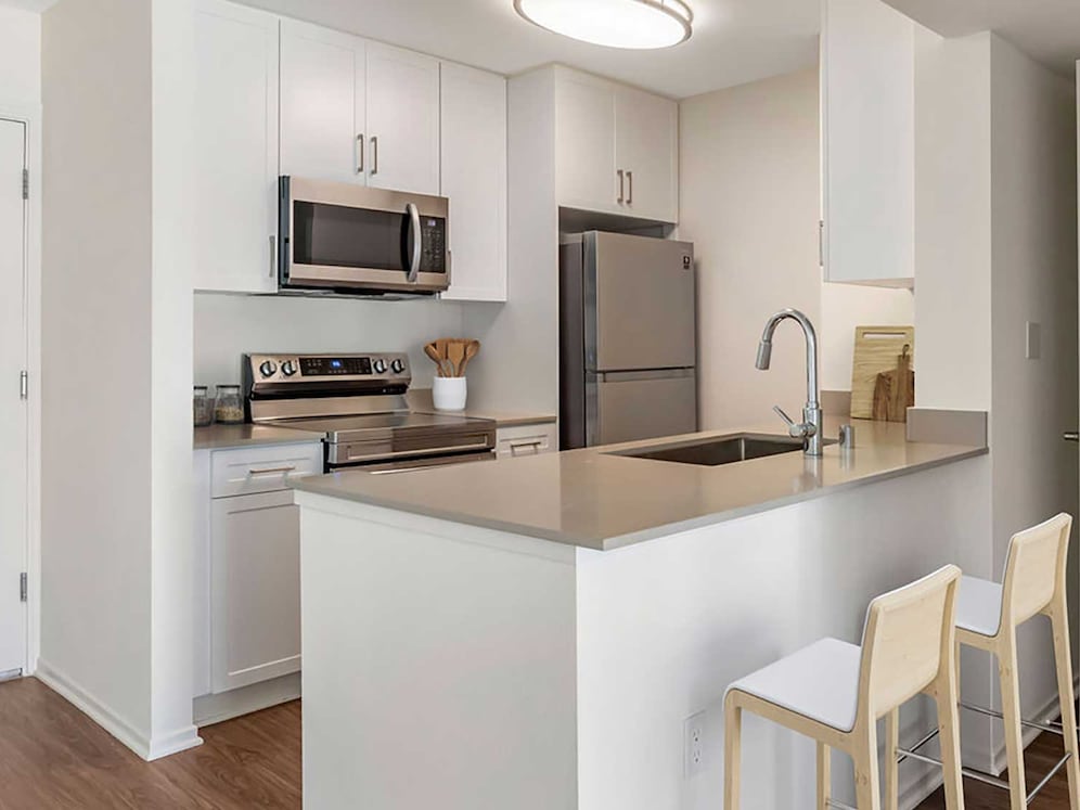 Renovated Package I kitchen with stainless steel appliances, beige quartz countertops, new white cabinetry, and hard surface flooring