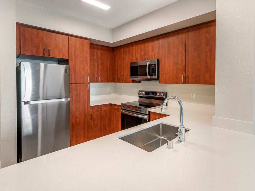 Renovated Package I kitchen with stainless steel appliances, white quartz countertops, cherry cabinetry, and hard surface flooring