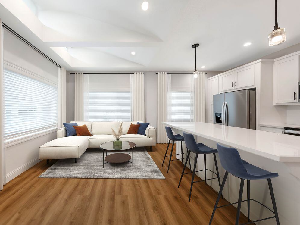 Freestanding Home kitchen and living room with hard surface flooring