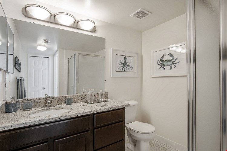 Master Adjoining Bath with Glass Shower at Lakeside Village Apartments Clinton Township MI