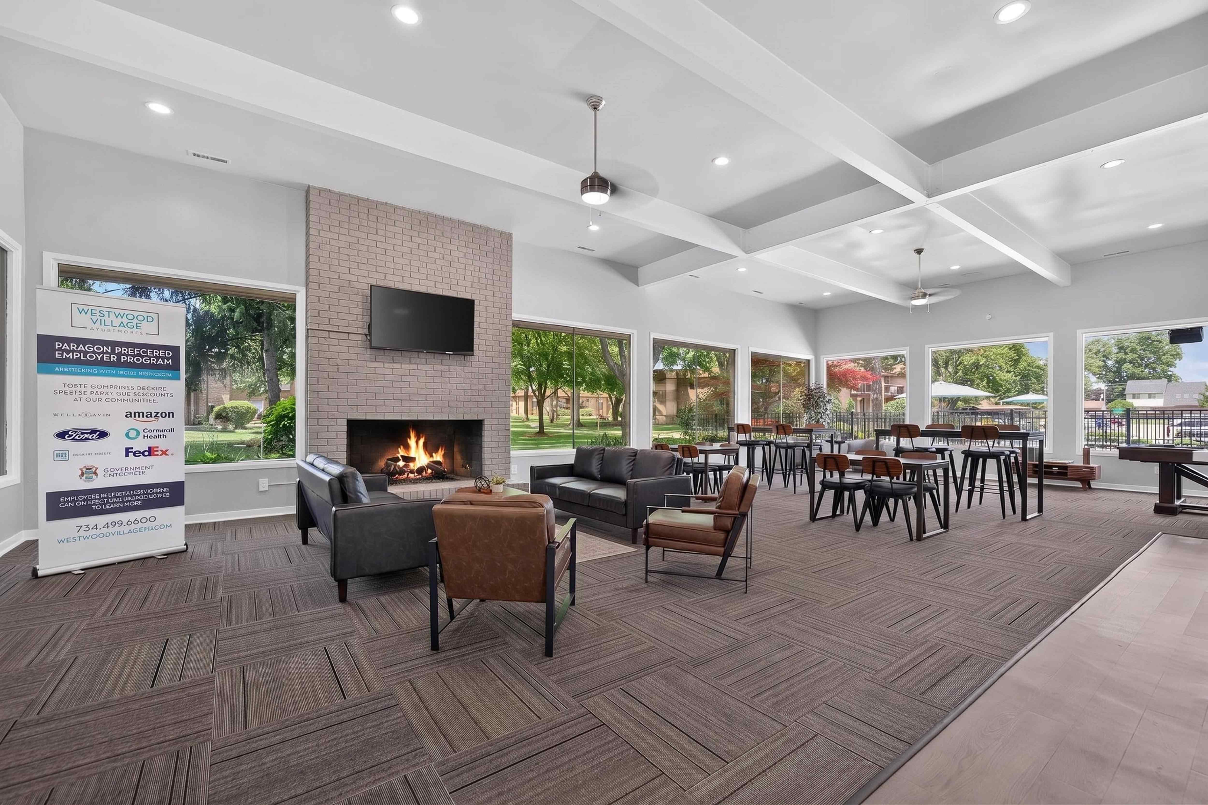 Updated and spacious resident clubhouse at Westwood Village Apartments in Westland, MI.