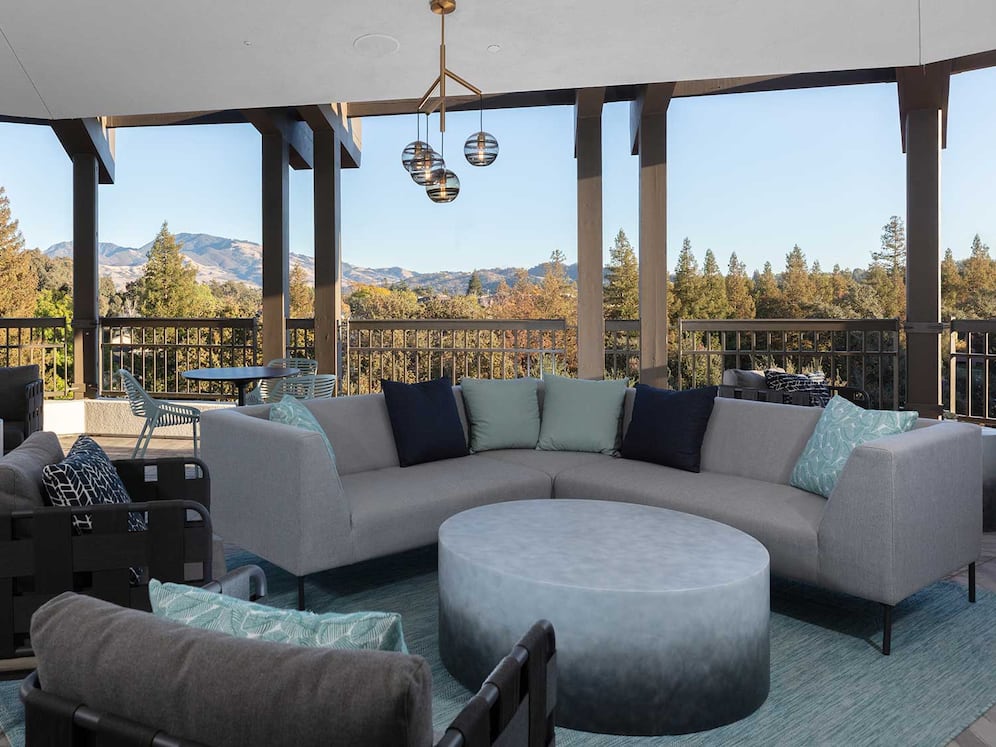 Phase II Rooftop terrace with lounge seating and views of Mount Diablo