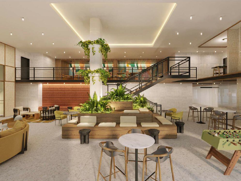 Two-level lounge with multiple seating areas (Rendering)