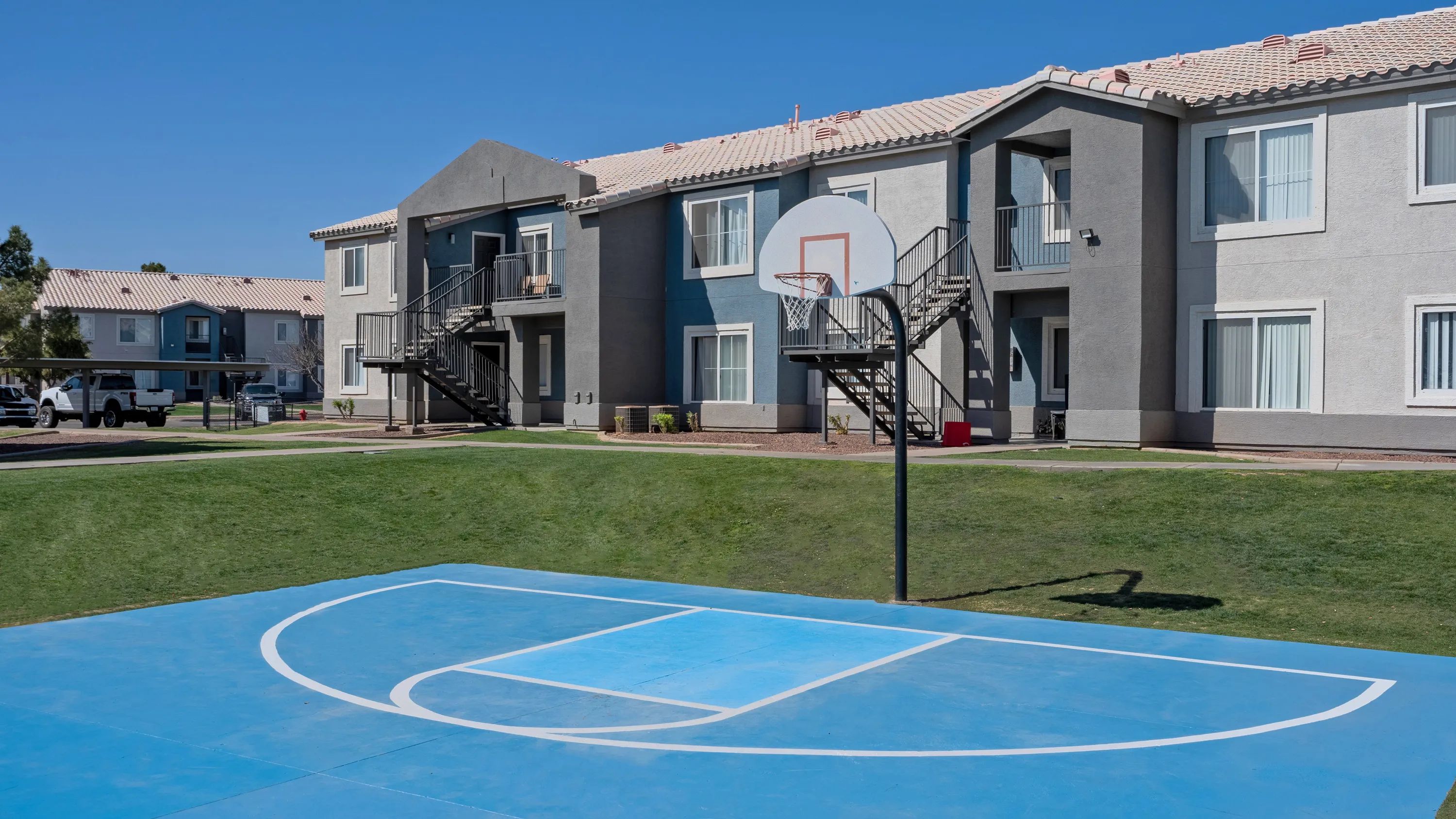 Challenge a friend to a one-on-one basketball showdown at the court right outside your door.