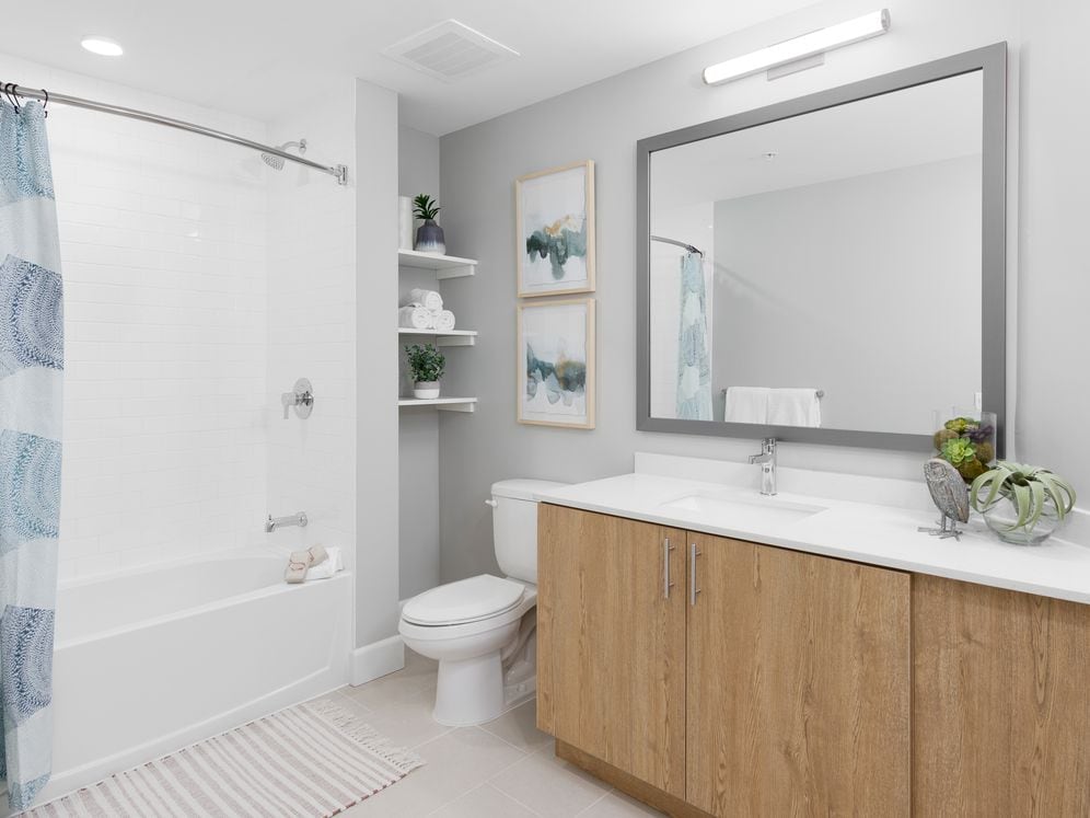 Spacious bathroom with quartz countertop