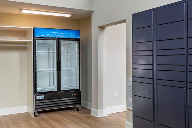 Package room with Amazon Hub Lockers and cold storage