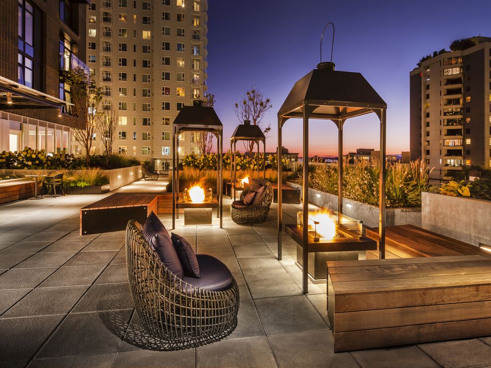 7th floor terrace with firepits and seating areas