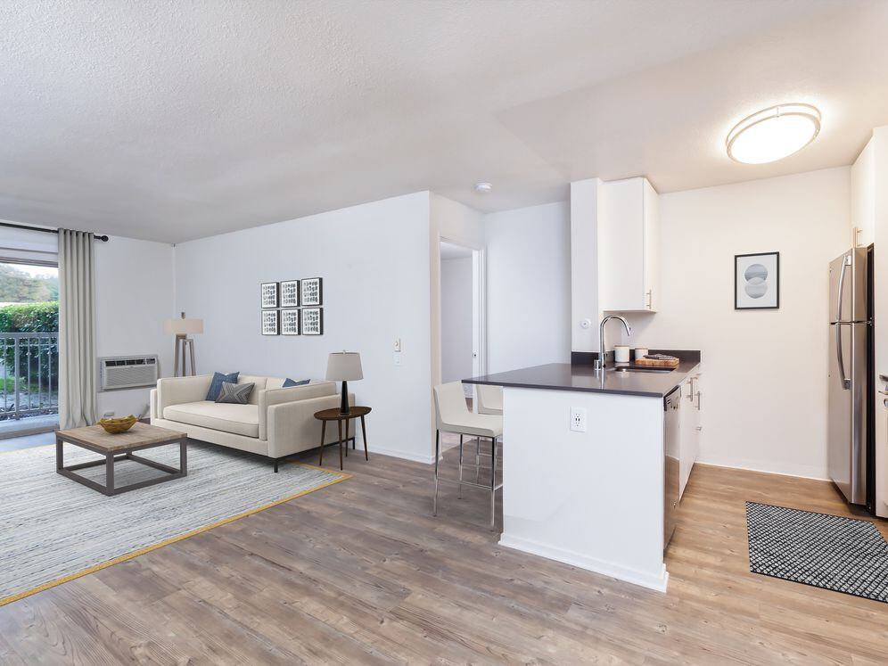 Renovated Package I kitchen and living room with hard surface flooring