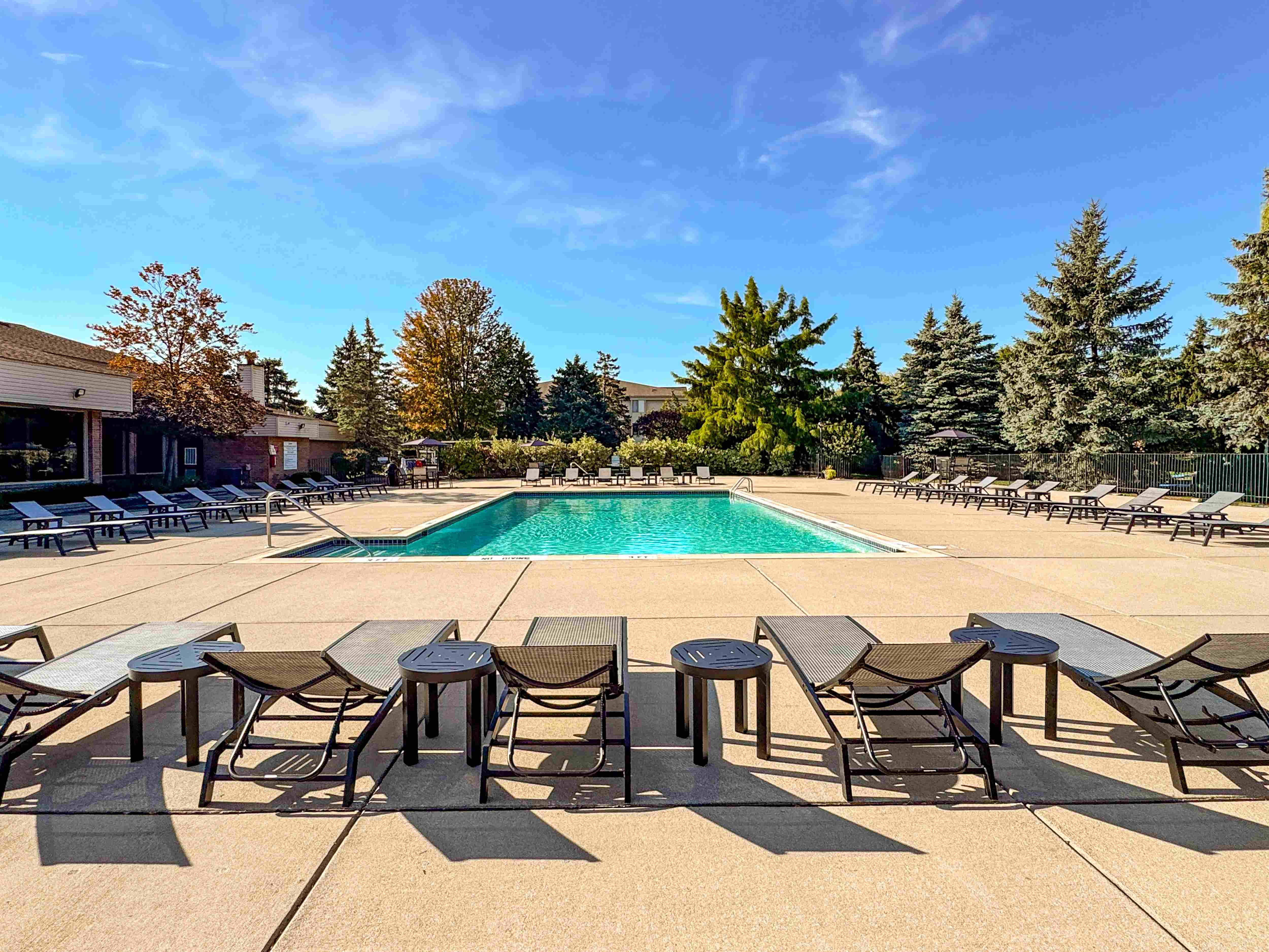 Heated pool and sauna at Prentiss Pointe Apartments in Harrison Township, MI