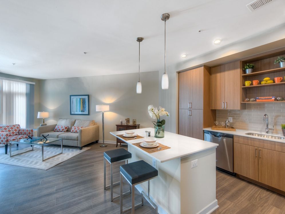 Open concept living area and kitchen with quartz countertop, island, tile backsplash, stainless steel appliances and hard surface flooring