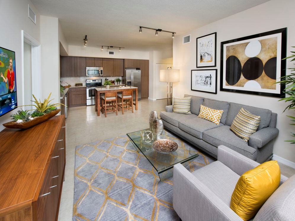 Living, dining and kitchen area