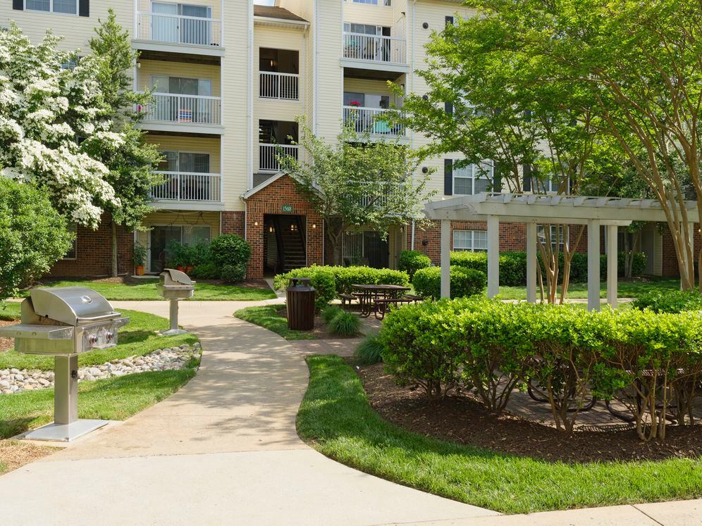 Landscaped courtyard with barbecue grills and seating