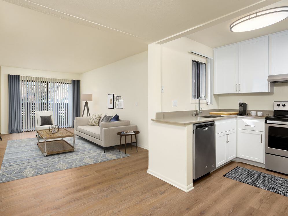 Renovated I kitchen and living room with hard surface flooring