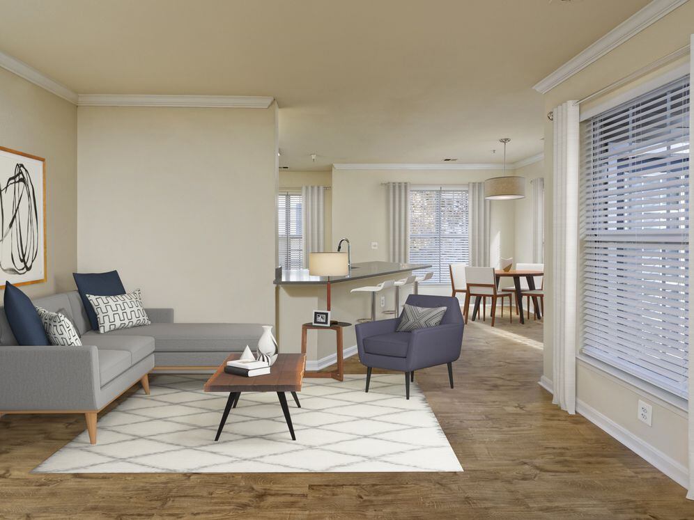 Renovated Package I living, kitchen and dining areas with hard surface flooring