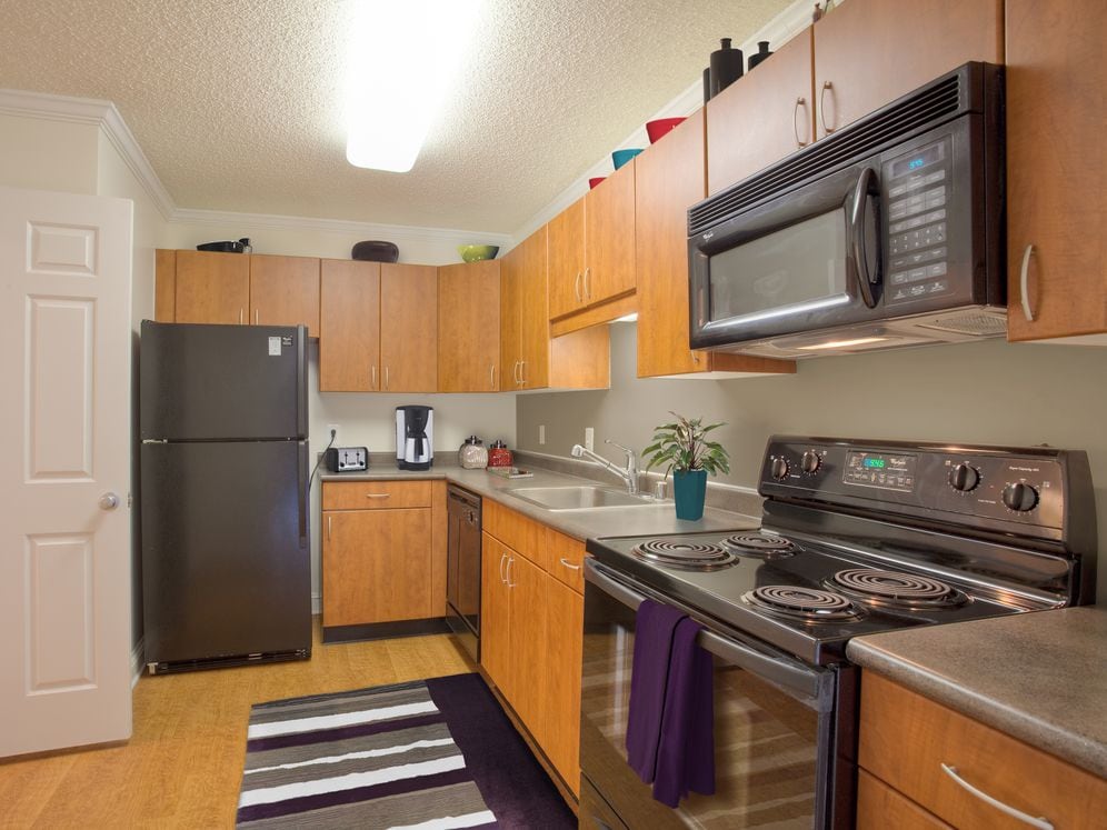 Kitchen with black appliances, oak cabinetry, grey countertops and hard surface flooring