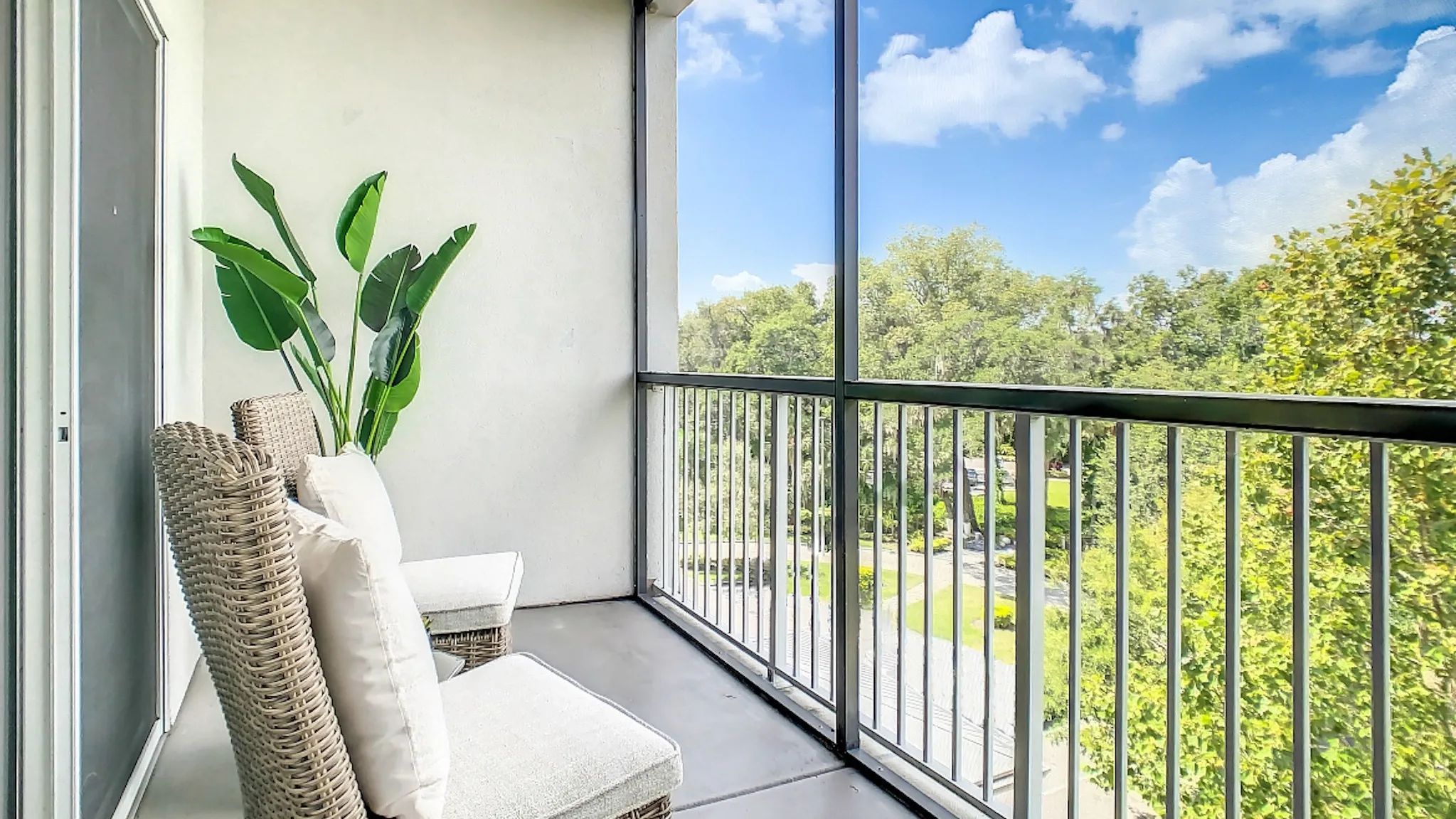Each home offers a screened-in patio or balcony, providing a tranquil escape. 