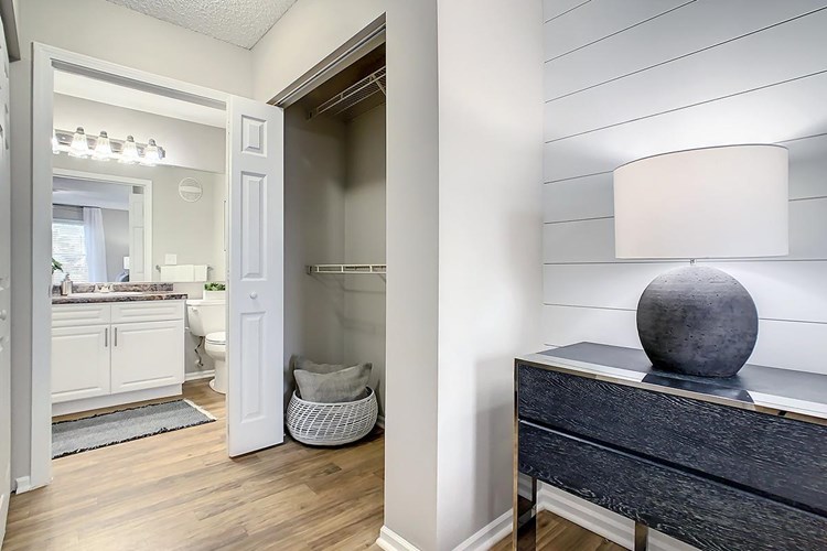 Master bedrooms feature a walk-through closet that leads to your private bathroom featuring a garden tub, large mirrors, and a closet with built-in organizers.