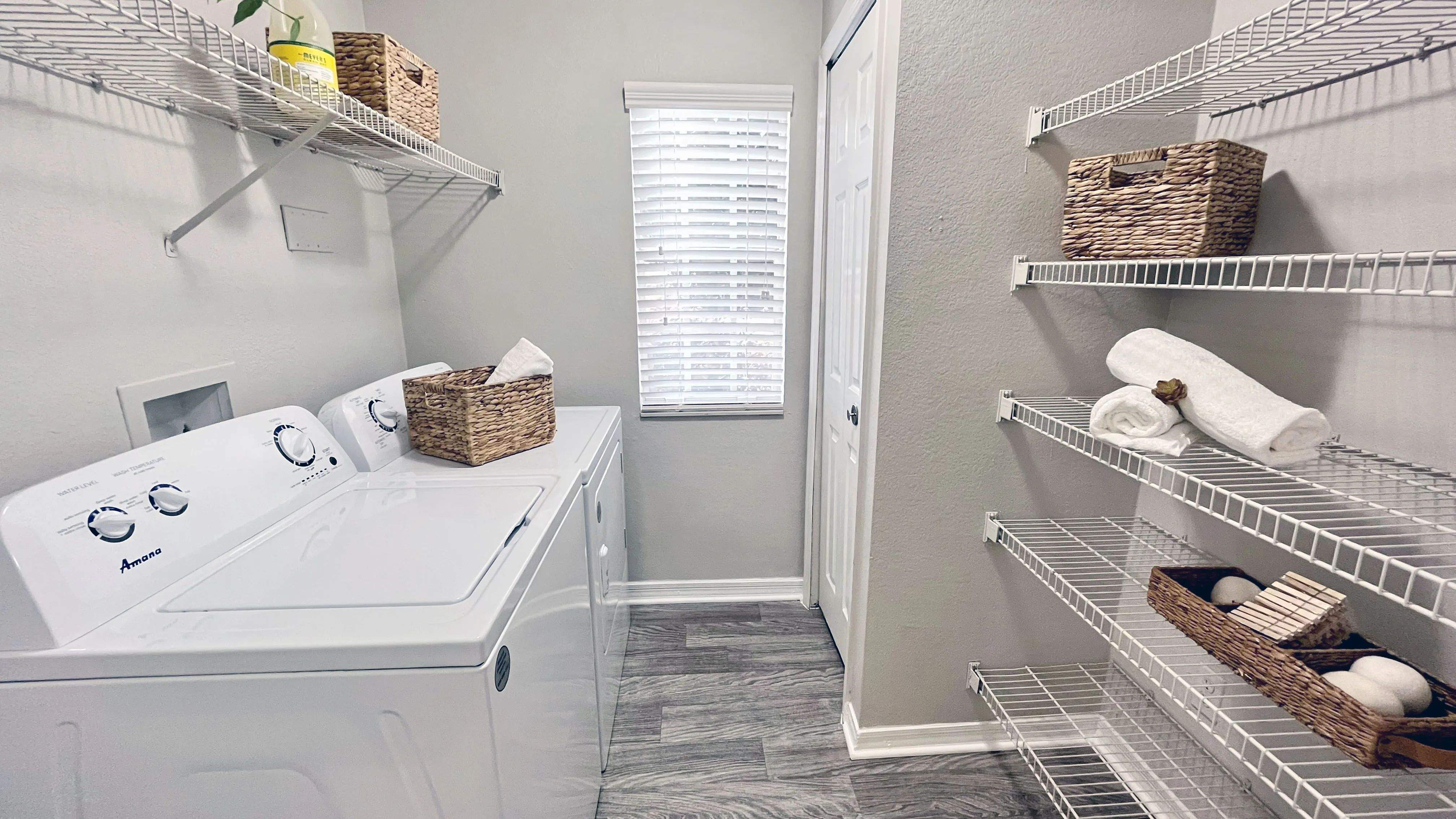 Our expansive laundry rooms, offered in all apartments, are havens of storage - equipped with full-size washers and dryers and abundant space for versatile storage options. 